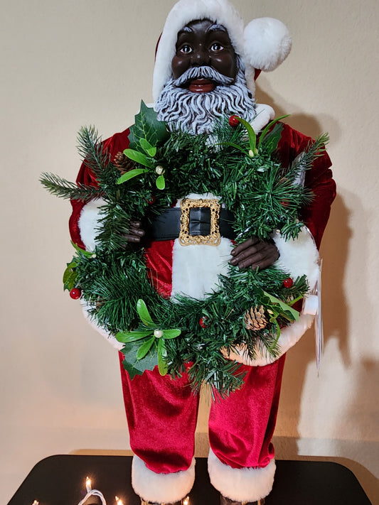 Black Santa with Light-Up Wreath