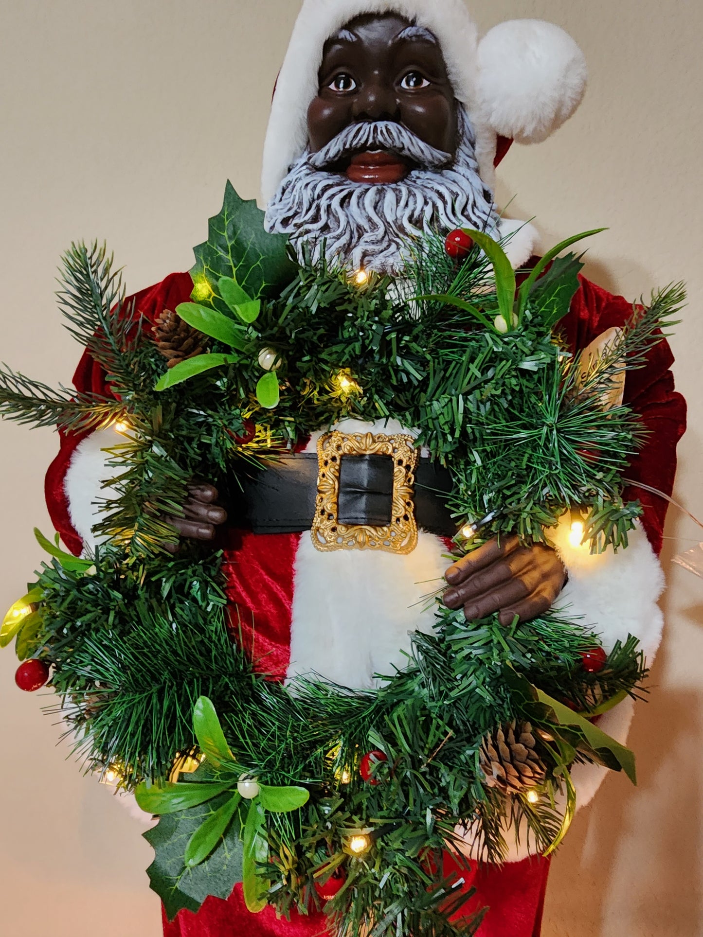 Black Santa with Light-Up Wreath