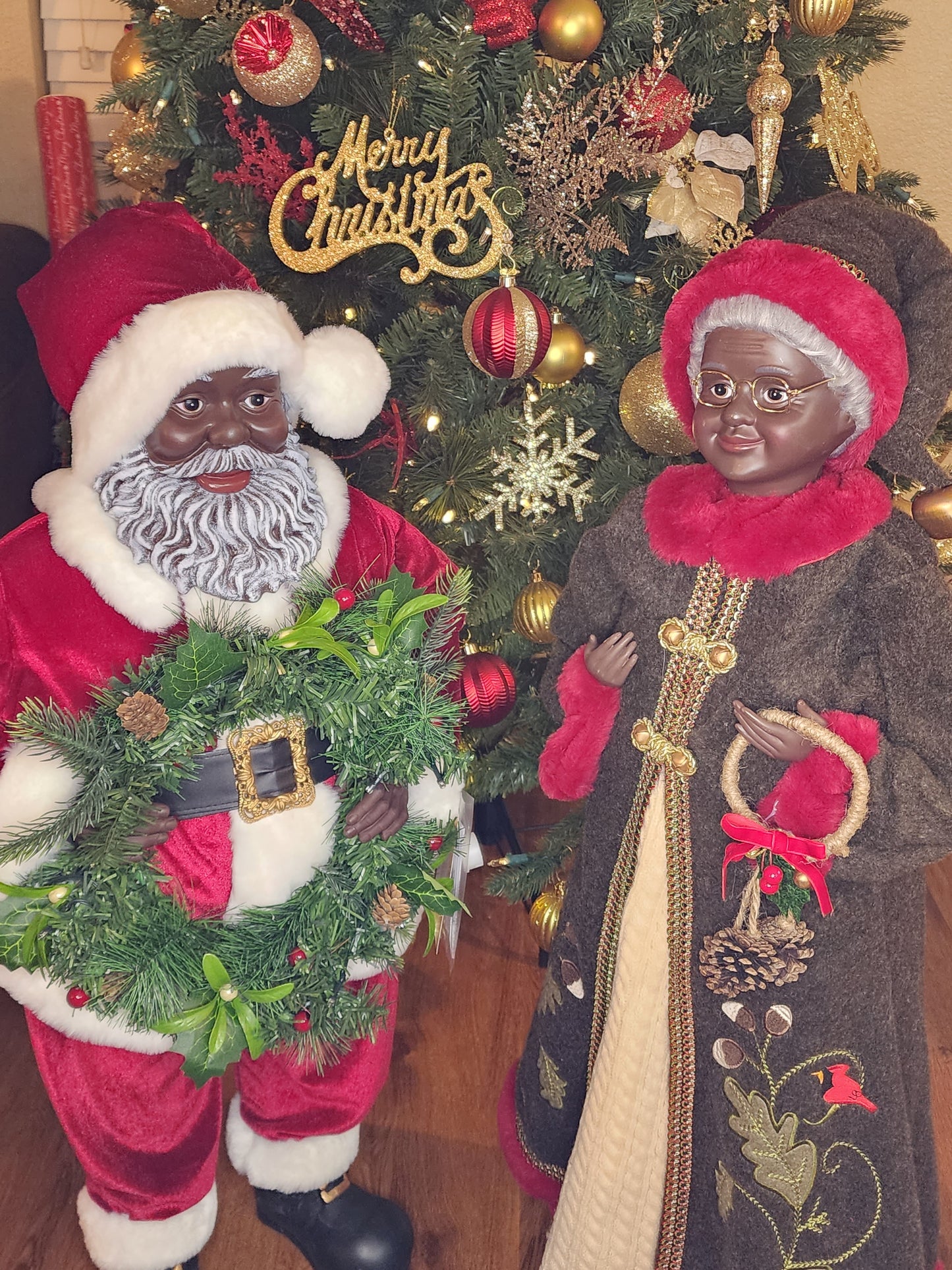 Black Santa with Light-Up Wreath