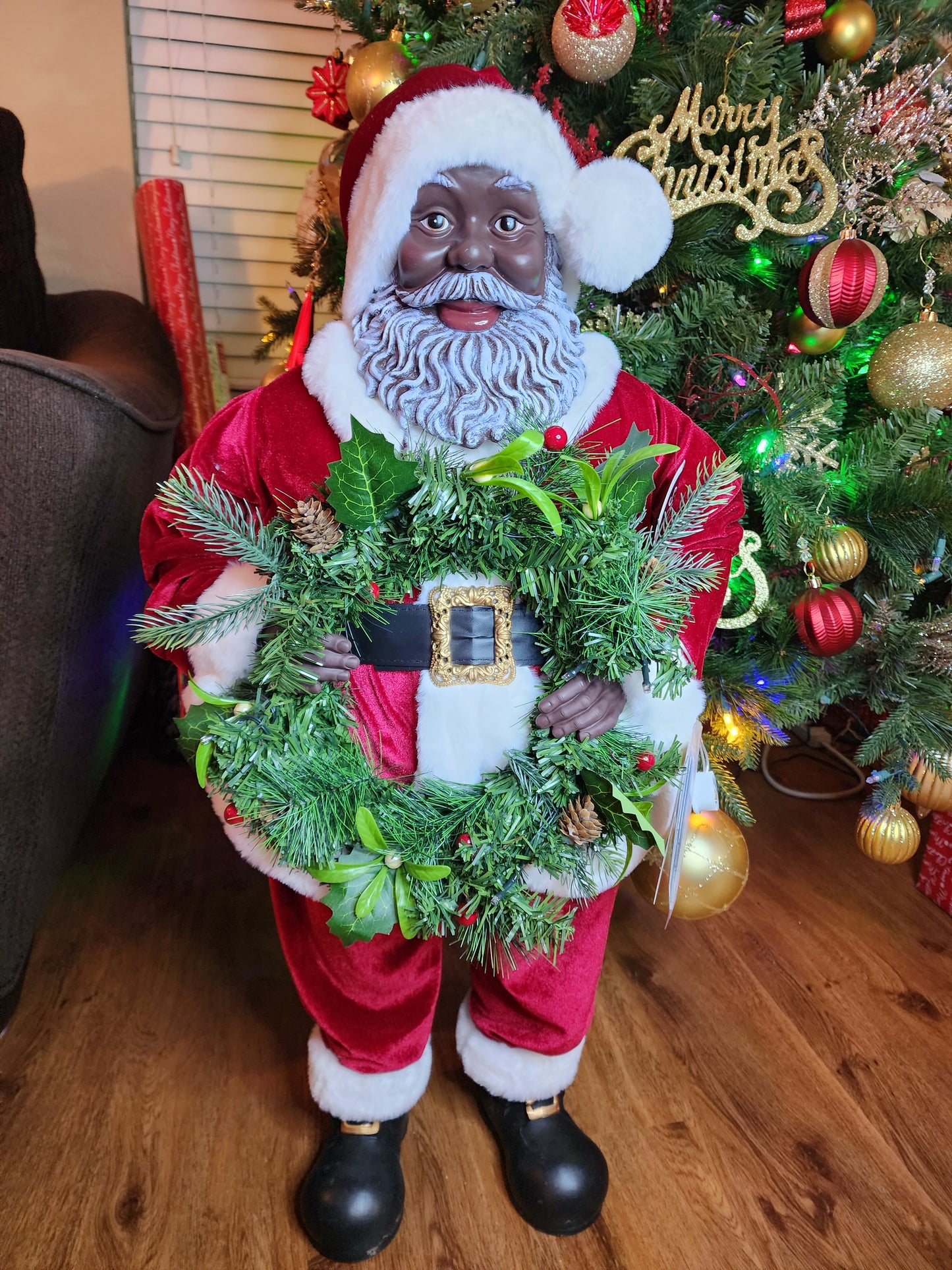 Black Santa with Light-Up Wreath