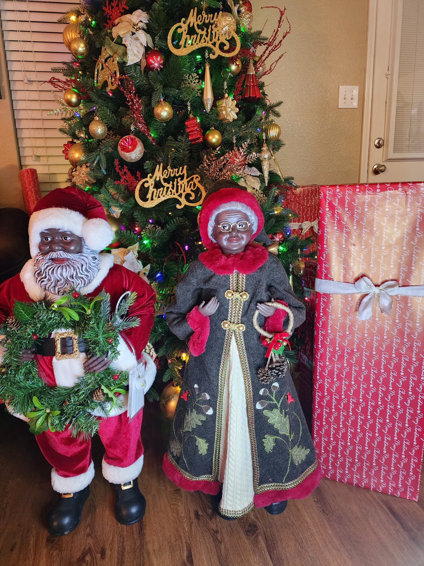 Mrs. Claus in Brown Coat with Red Trim