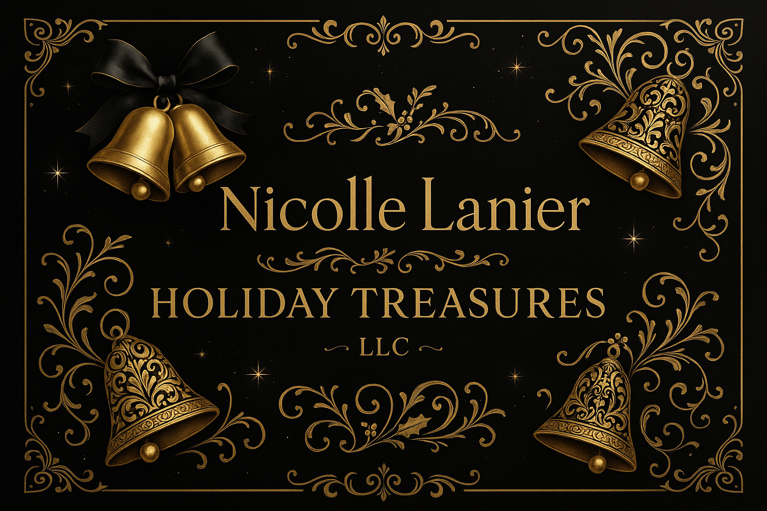 Create an upscale splash oage image for Nicolle Lanier Holiday Treasures, LLC in black and gold. Include some christmas bells in the design. 